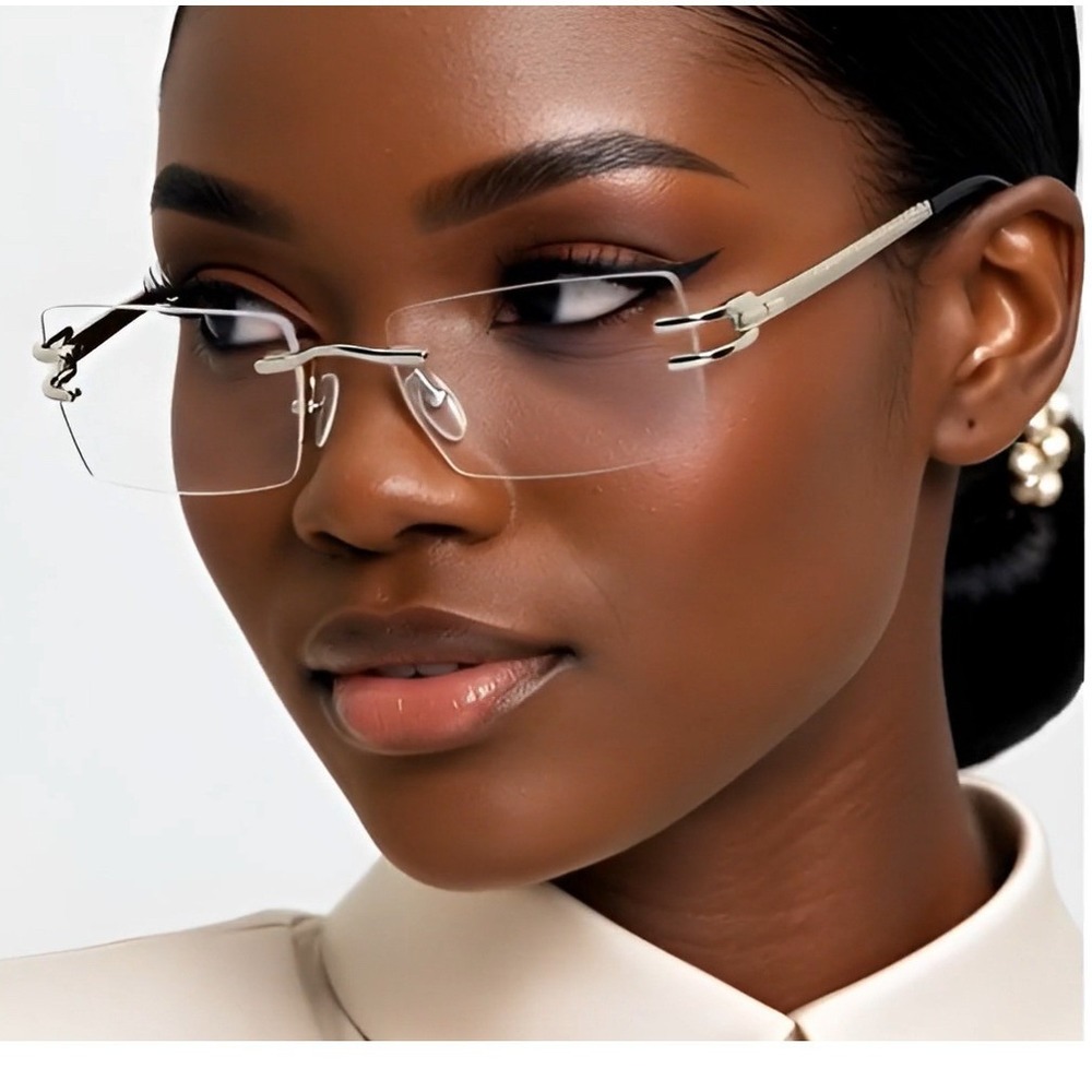 Rimless Rectangle Sunglasses Women Silver Frame Clear Lens Fashion Eyewear Gafas